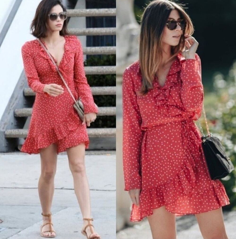 Realisation Par Alexandra Silk Red Polka Dot Ruffle Wrap Mini Dress M